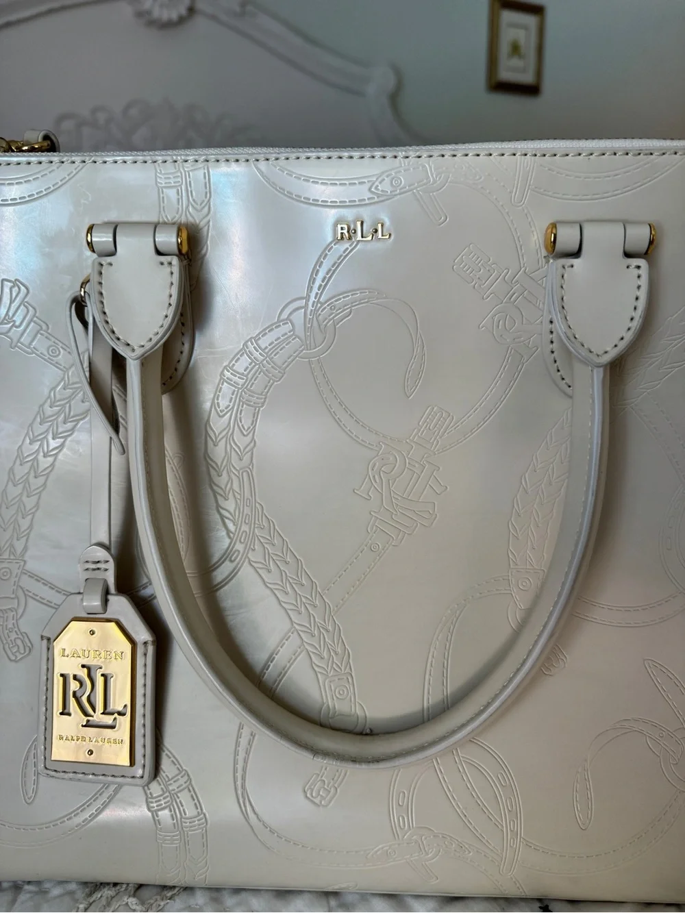 Ralph Lauren “Taylor, Belti Double-Zip Embossed Leather Satchel” in Ivory